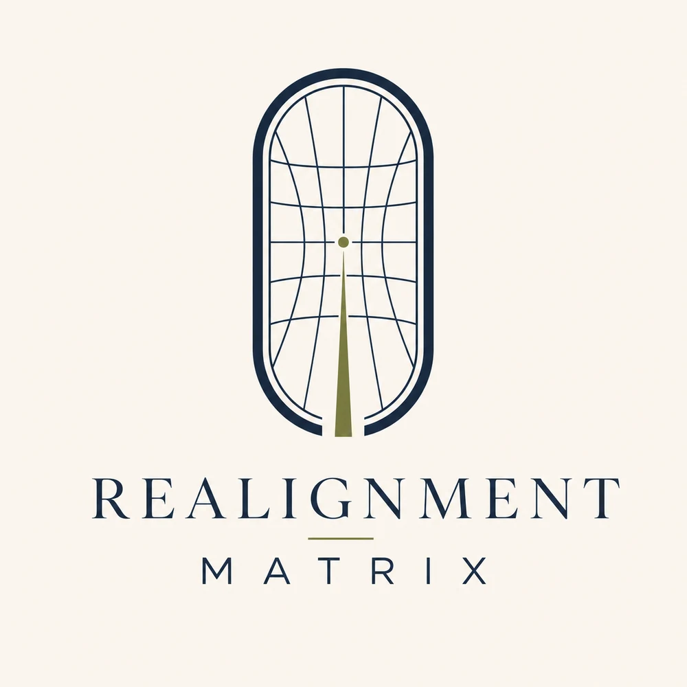 Realignment Matrix mirror mark, with a distorted grid becoming an open path